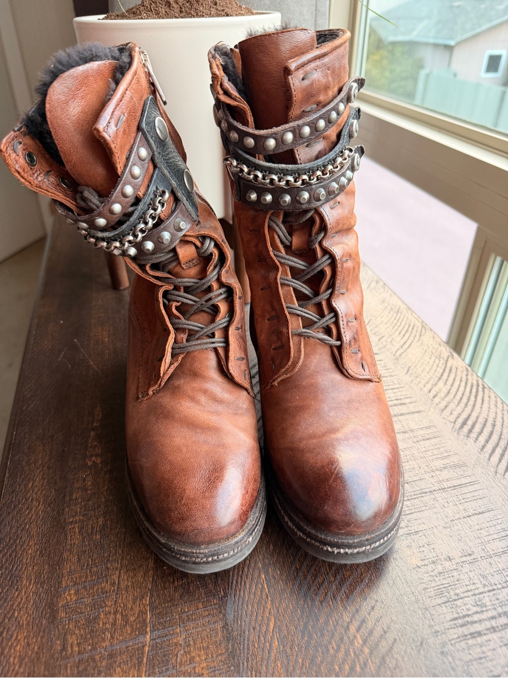AS98 Fleece-Lined Women’s Brown Leather Studded Lace-Up Ankle Boots 38/8 - Picture 7 of 9